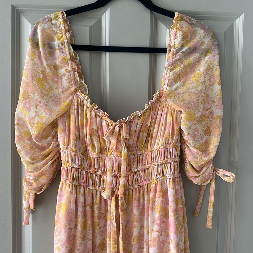 For Love and Lemons Eden Pink Floral Puff Sleeve Midi Dress - Picture 6 of 7